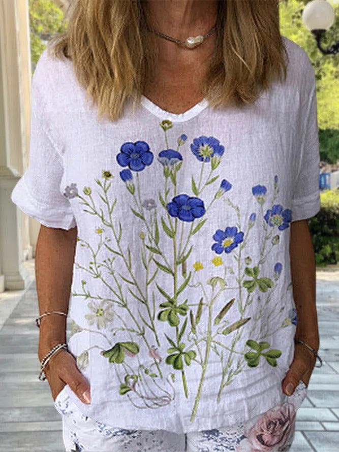 🔥【S-5XL】🌈Camiseta de manga corta de lino y algodón con estampado floral💐_4240731