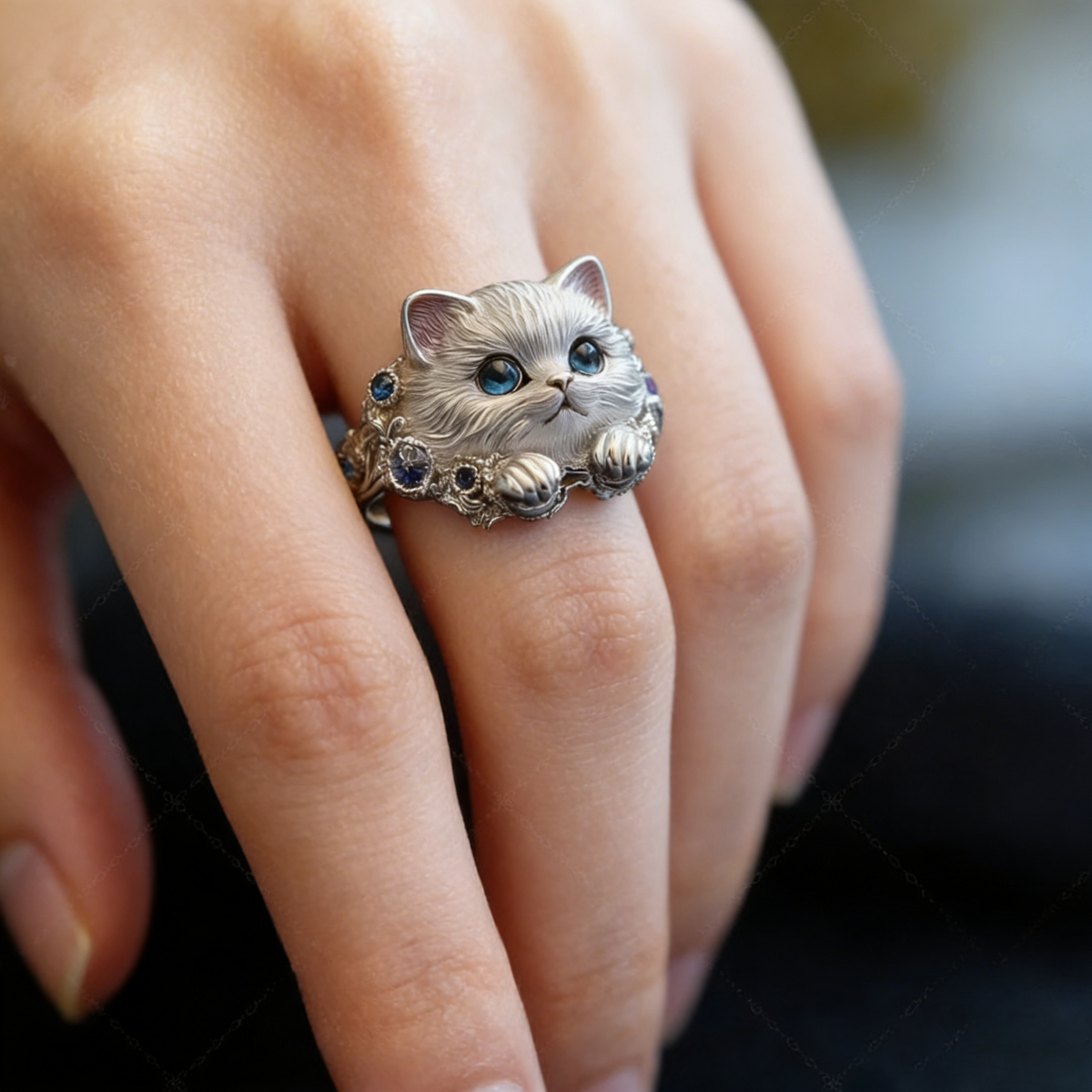 🎁😍🎁😍【Balení po 2 kusech】 Jednoduchý a elegantní stříbrný prsten s kotětem a diamanty 4254083