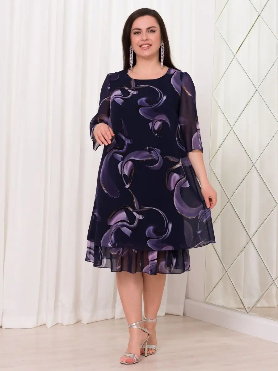 💕【S-5XL】👗Elegante vestido con estampado de malla y mangas con volantes.
