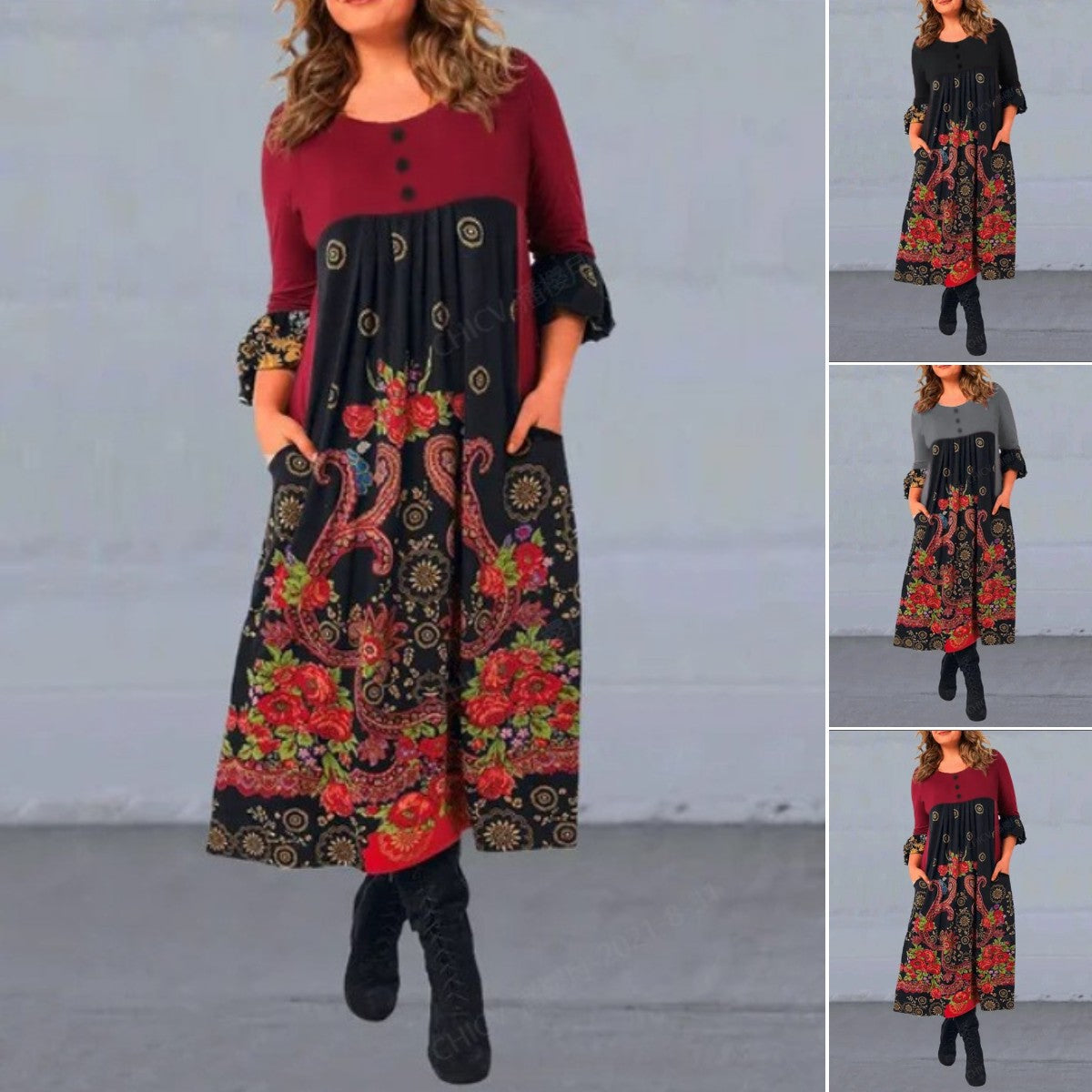 【S-5XL】👗2024 nova priložnostna obleka z dolgimi rokavi z retro tiskom za jesen in zimo
