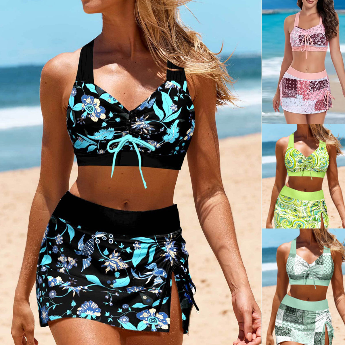 👙【50% popust🔥】【S–5XL】👙🌺 Ženske troslojne bikini kopalke velike velikosti, hitro sušeče, z visoko elastiko, visokim pasom