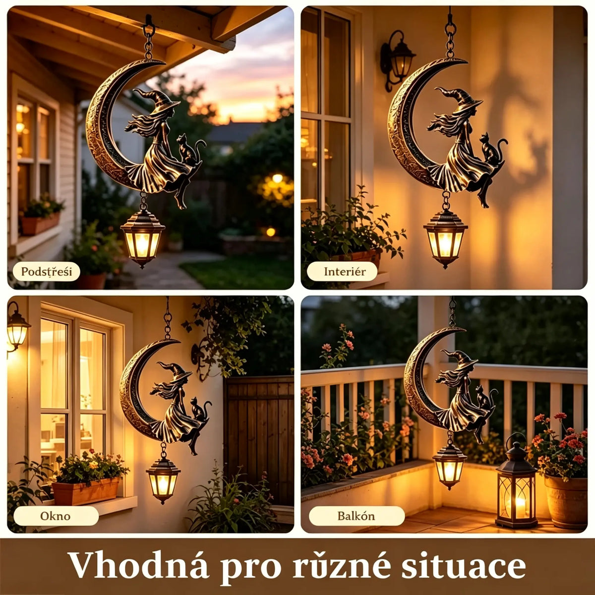 🎐Rumunština: Závěsná zahradní lucerna s čarodějnicí na Měsíci a kočkou – vintage dekorace s LED světlem, vodotěsná na zahradu, terasu a Halloween