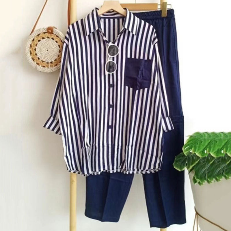 【50 % omejen popust】🌸Poletni črtasti komplet【S-5XL】