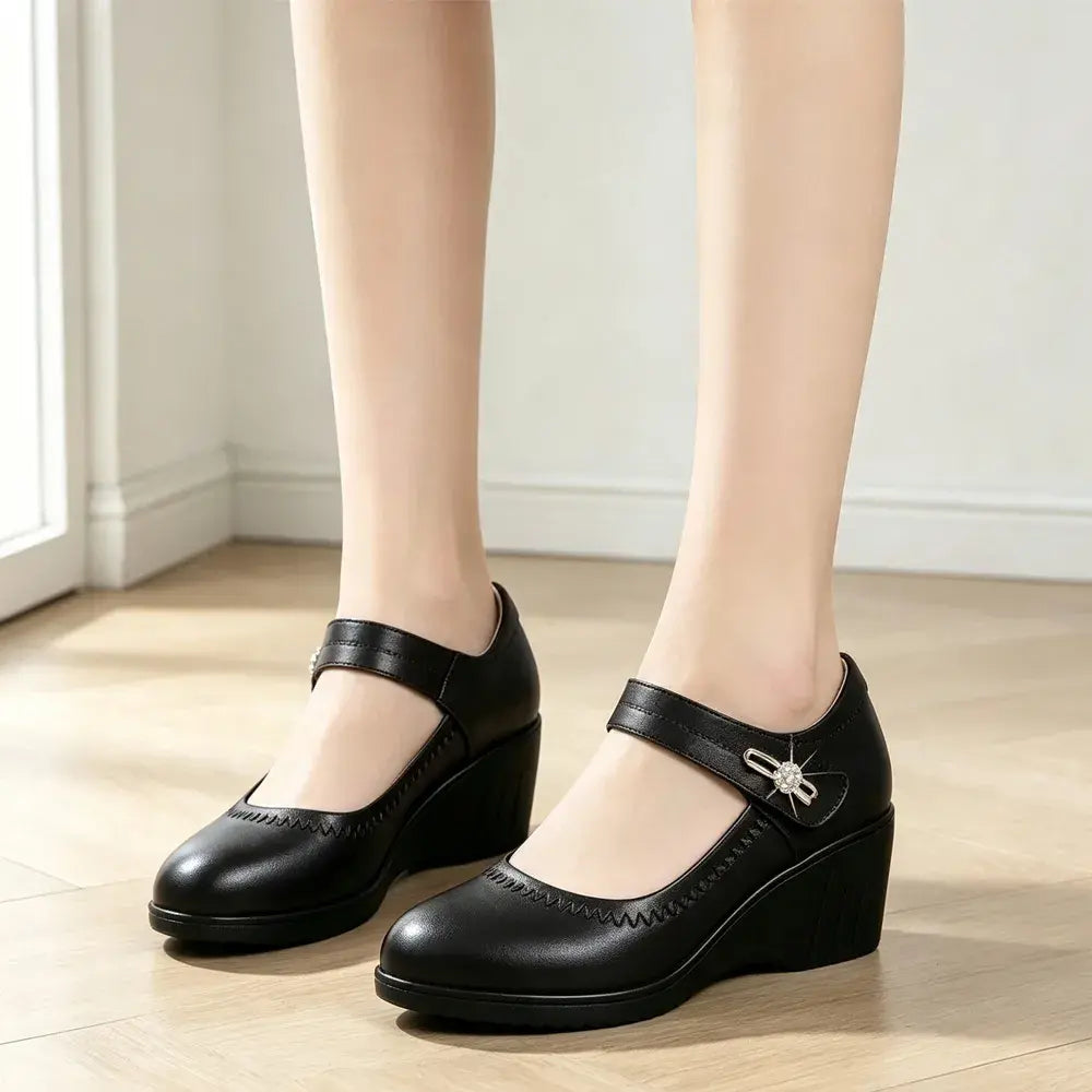 šš”ć35-41ćZapatos de piel suave con suela blanda y tacón de cuƱa antideslizantes para madres