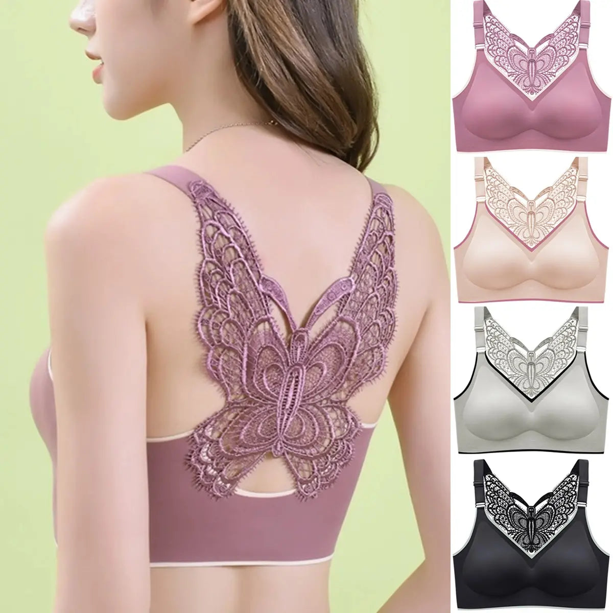 đăConjunto de 4 piezasăđSujetador sin aros con bordado de mariposa - Sin aros, soporte durante todo el dĂaâ¨ă45~125 kgă