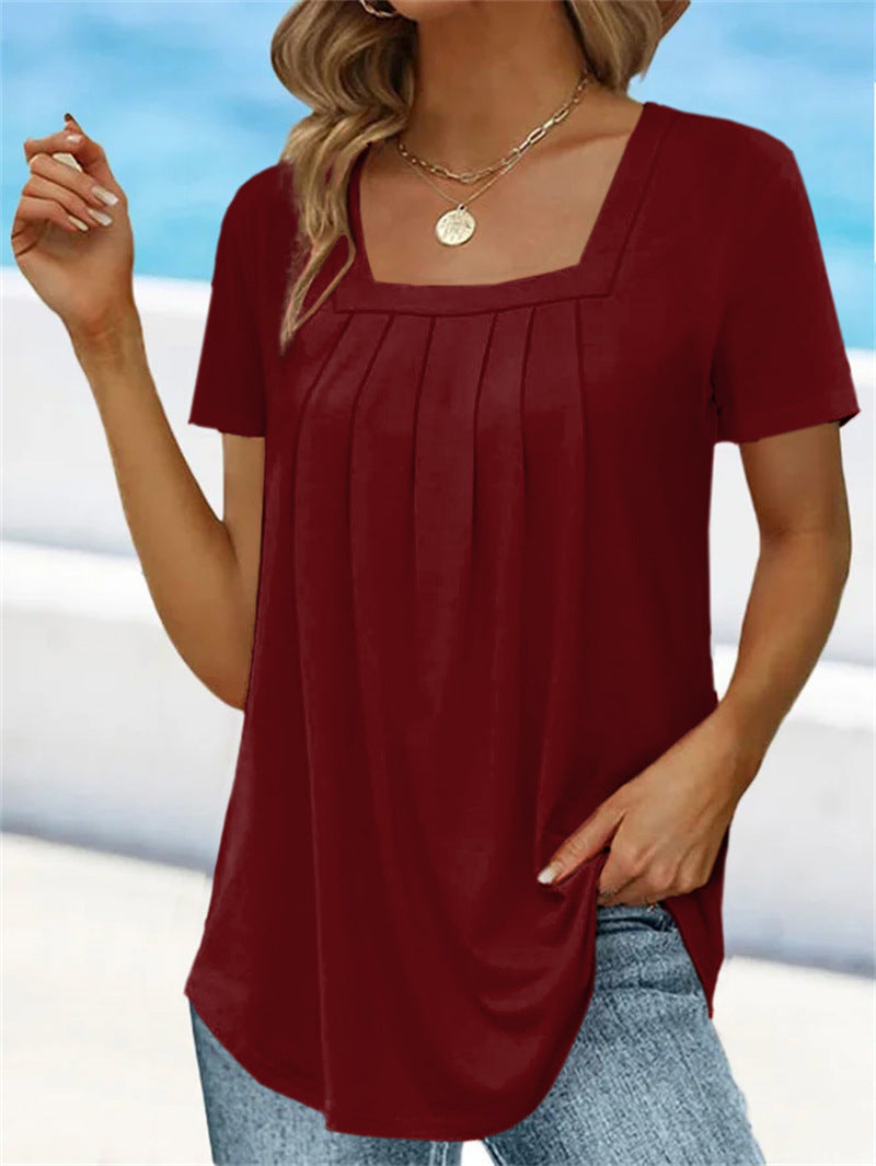 👚 【Časově omezená nabídka】【S-5XL】 ✨ Měkké a prodyšné dámské letní tričko s hranatým výstřihem, které se snadno kombinuje s doplňky.
