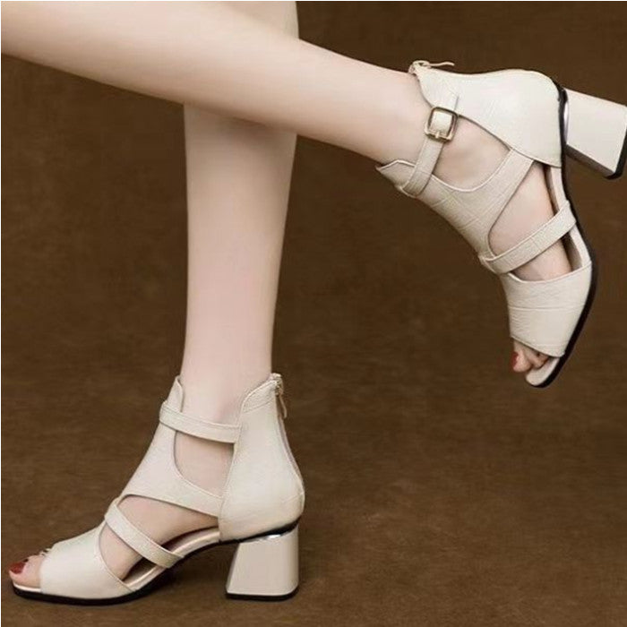 👡【35-40】2025 novi mehki usnjeni rimski sandali z votlo debelo peto in mehak podplat