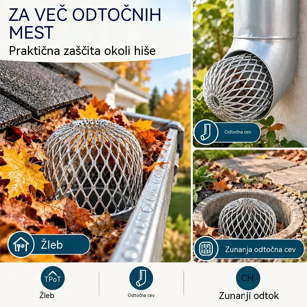 🍂 Komplet 10 zaščitnih mrežic proti zamašitvi žlebov in odtočnih cevi · Izdelane iz aluminijeve zlitine · Prilagodljiva oblika · Enostavna namestitev brez orodja!