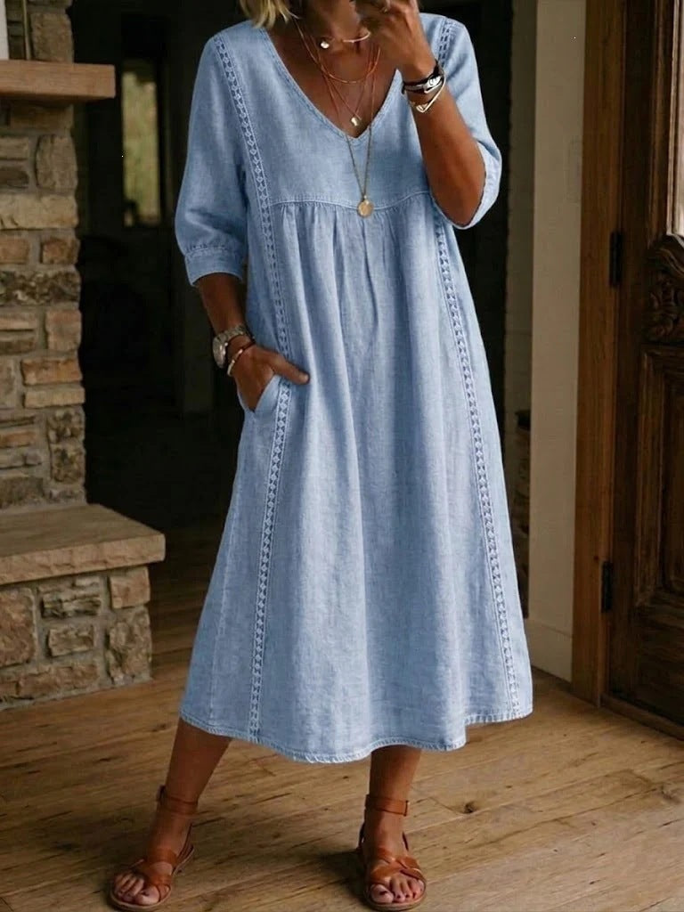✨ ¡Último día de rebajas del 50%! 【S-3XL】Nuevo vestido de verano de algodón y lino de largo medio: diseño con escote en V, holgado y favorecedor, transpirable y cómodo.