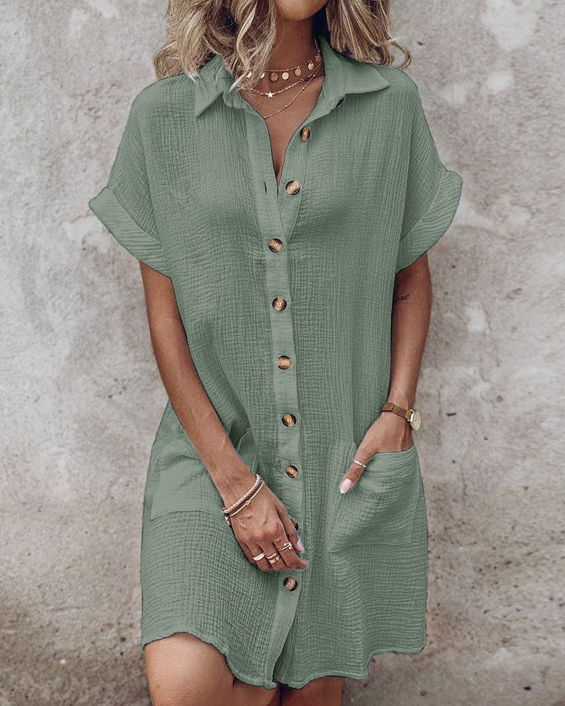 【S-2XL】2026 Vestido suelto de lino y algodón de manga corta y largo medio con botones_4240623