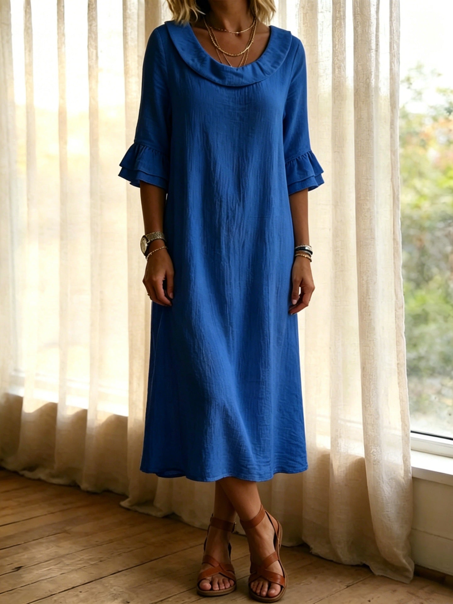 【S-3XL】Elegante vestido de mujer de algodón y lino con mangas abullonadas y cuello redondo 4288675