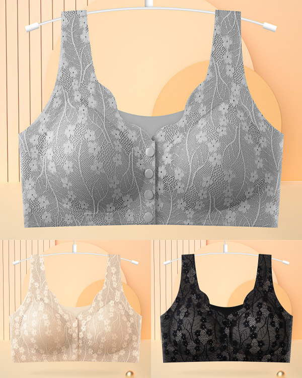 😍【3sztuk】【40-100KG】Damski, bezprzewodowy, koronkowy biustonosz zapinany z przodu