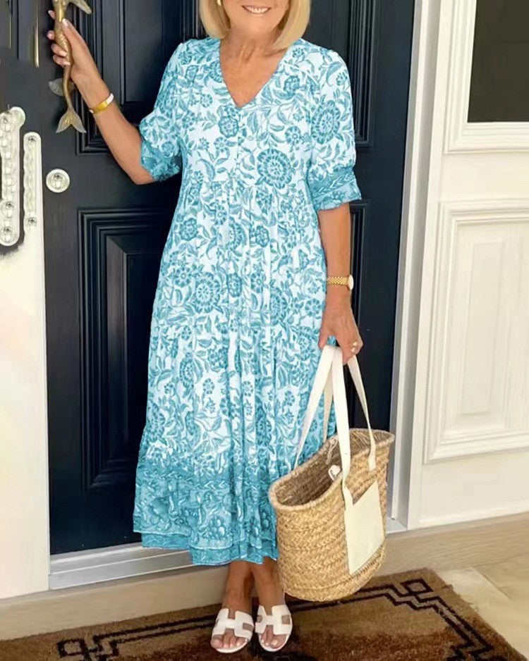 💃【S-5XL】2025 nuevo vestido largo floral elegante con cuello en V