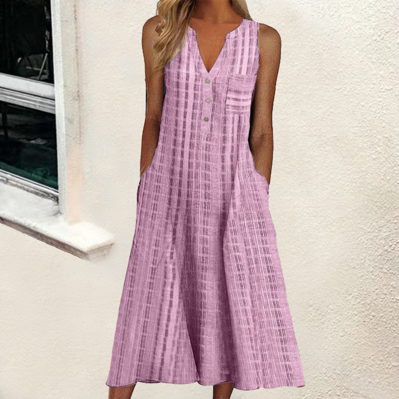【S-3XL】Vestido de mujer sin mangas de algodón y lino con bolsillos