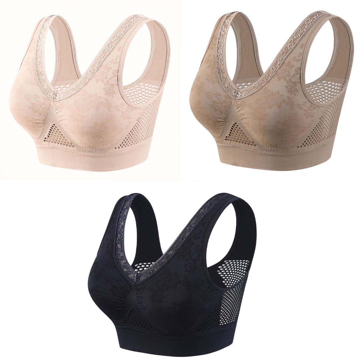 🥰❤️40-120 kg【Paquete de 3】✨Sujetador de encaje sin aros para mujer, alta sujeción
