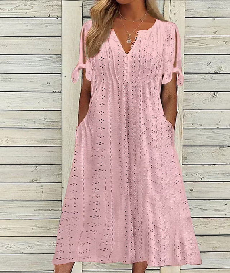 👗❤️【S-3XL】 Nova modna priložnostna ohlapna obleka z visokim pasom in vezenino v enobarvni barvi