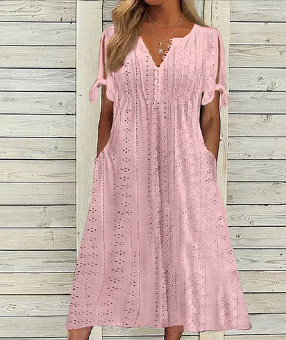 👗❤️【S-3XL】 Nova modna priložnostna ohlapna obleka z visokim pasom in vezenino v enobarvni barvi