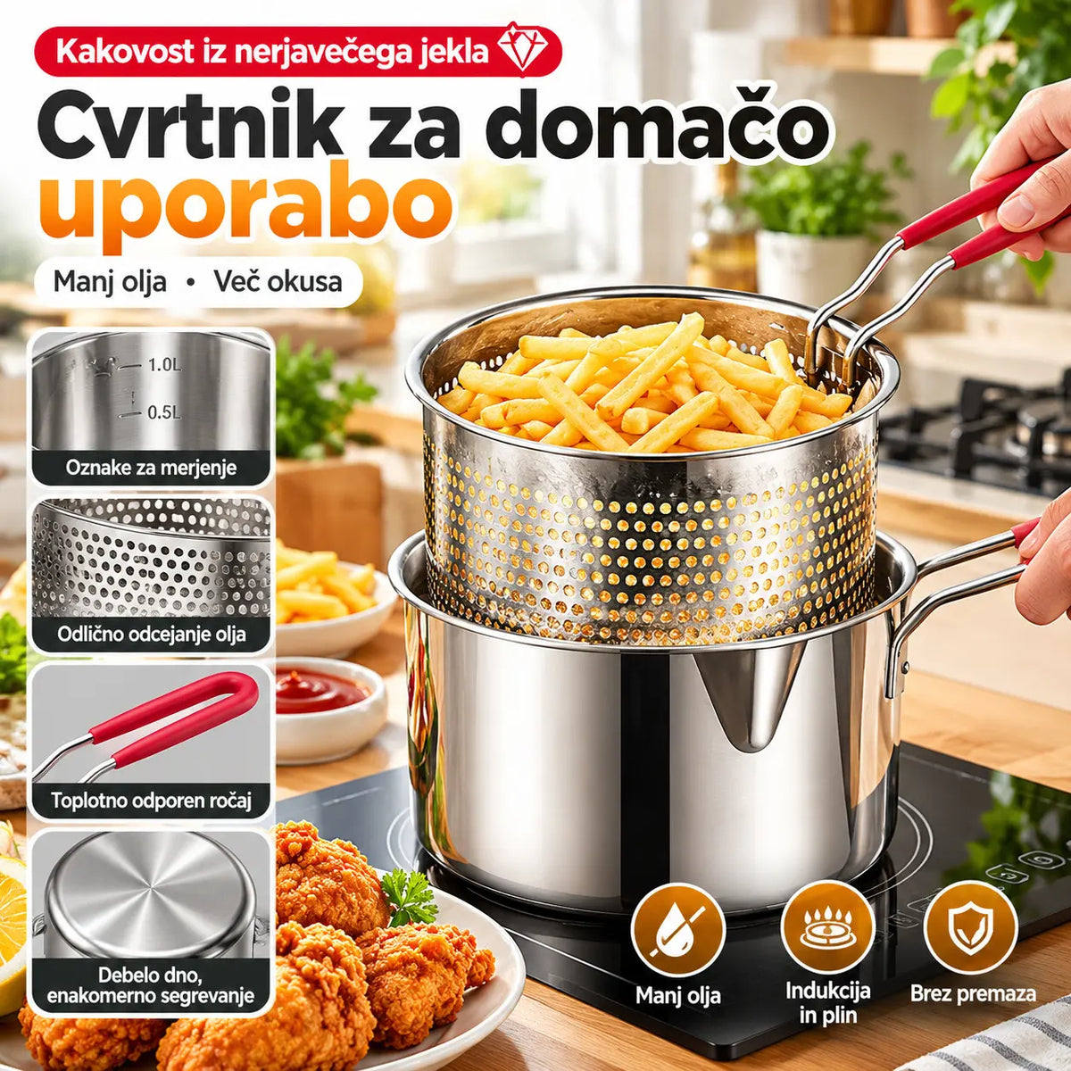 🍟Zadnji dan posebne ponudbe, prihranite 49 %! Večnamenski cvrtnik iz nerjavečega jekla 304