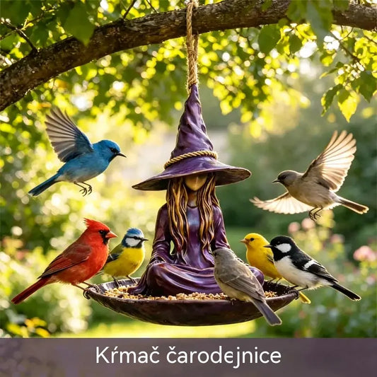 🐦🍃Závěsné krmítko pro ptáky „Meditující čarodějnice“, kreativní a magická dekorace do zahrady, na terasu a do dvora, odolný materiál