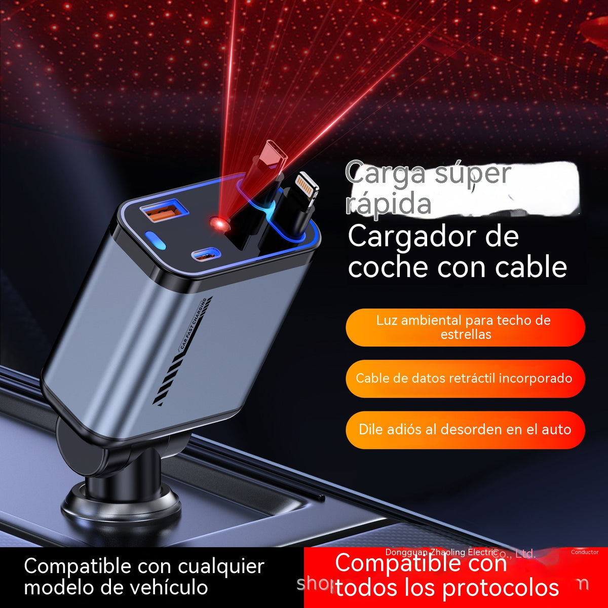 ⚡✨ Cargador de coche ultrarrápido: dos puertos USB-C retráctiles con luz ambiental Starlight y protección de seguridad inteligente 🚗💫 4223456