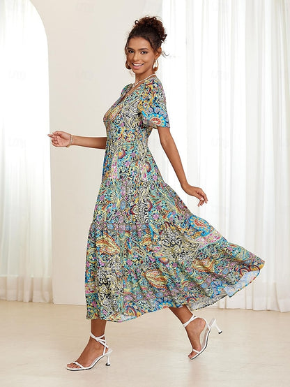 🌈【S-5XL】👗2025 Nova seksi obleka z V-izrezom v elegantnem potisku
