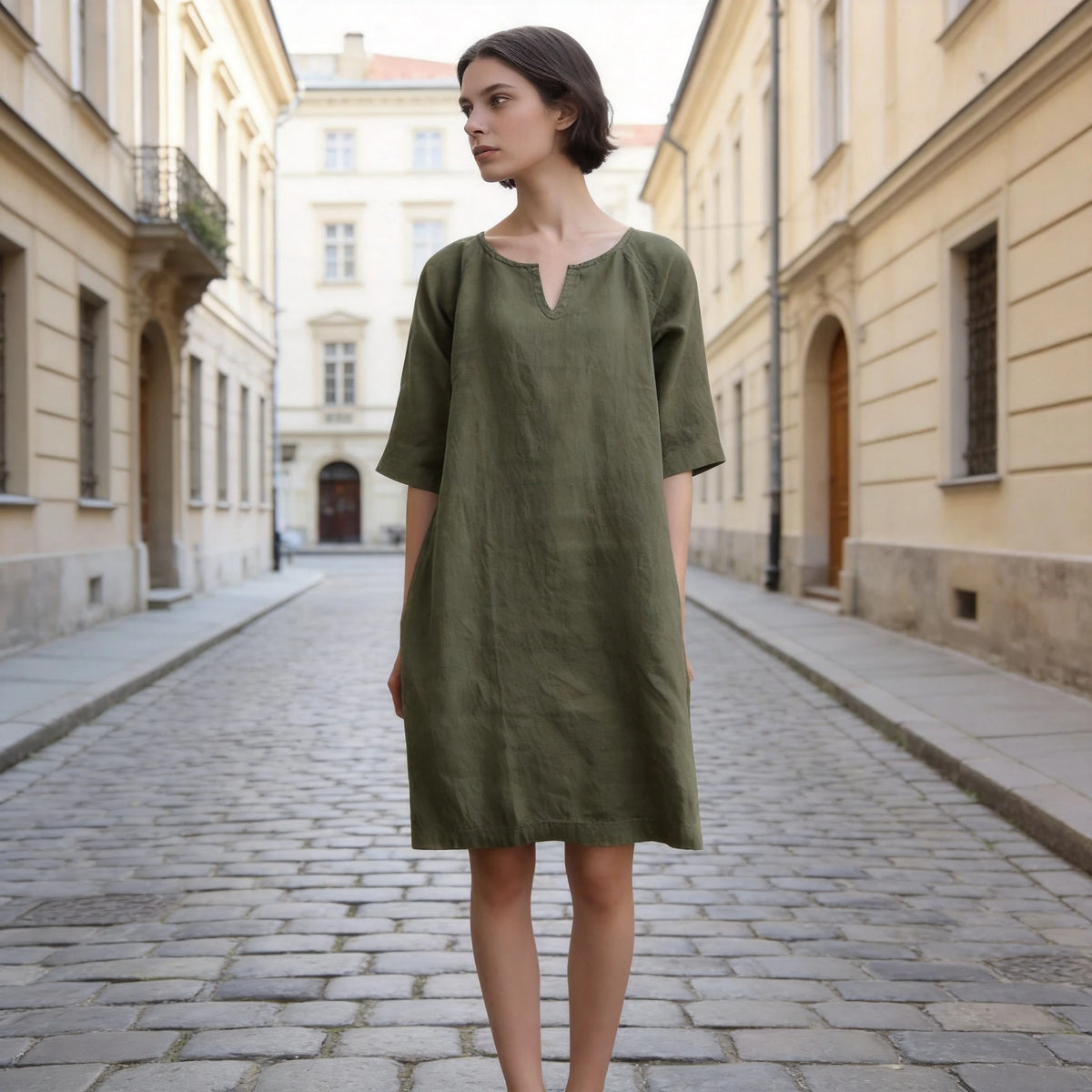 ✨【S–3XL】Dámské volné šaty z bavlny a lnu, s malým výstřihem do V, prodyšné, měkké a pohodlné na nošení