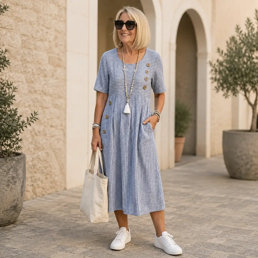 🌺👗【S-2XL】Lahka in lepa črtasta midi obleka