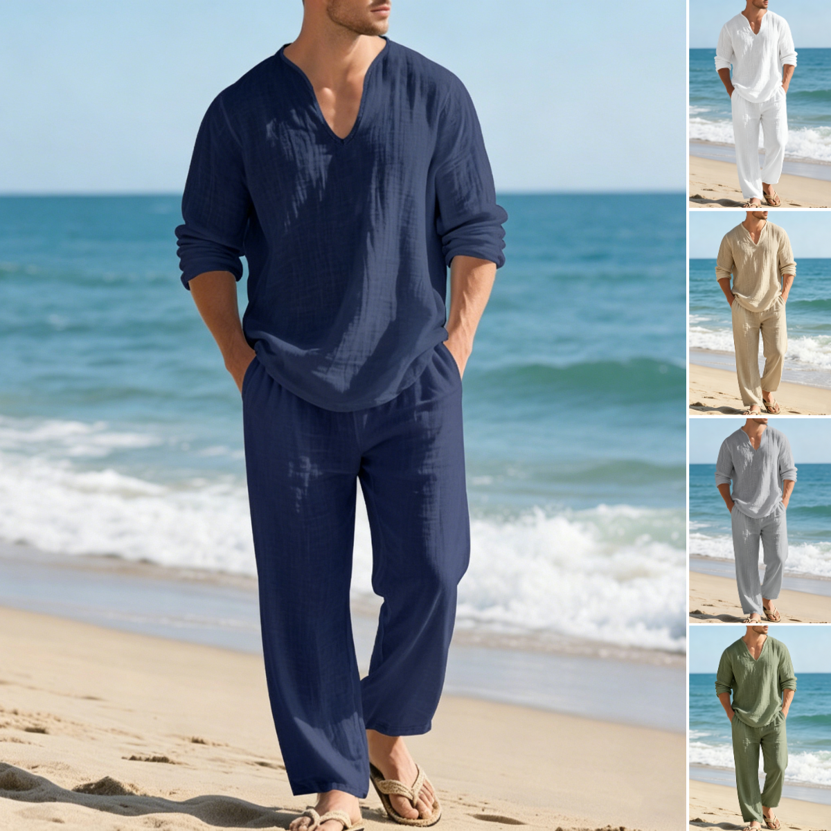 🌴50% sleva🔥【Top + kalhoty】Pánský ležérní lněný oblek volného střihu s výstřihem do V na pláž. ✅️Platba na dobírku