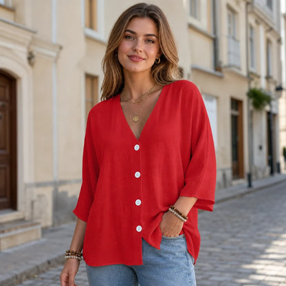 【S–3XL】 Nová dámská volná košile s výstřihem do V, jednoduchá a pohodlná