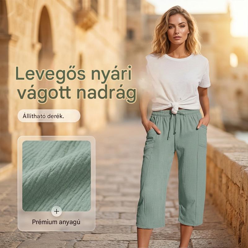 🌸【50% kedvezmény】Női egyszínű, rakott pamut-lenvászon capri nadrág