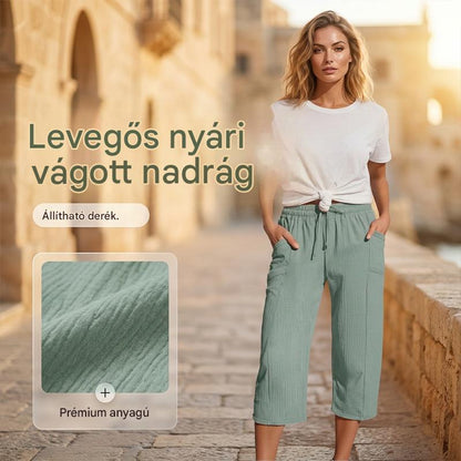 🌸【50% kedvezmény】Női egyszínű, rakott pamut-lenvászon capri nadrág