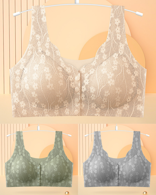 😍【3sztuk】【40-100KG】Damski, bezprzewodowy, koronkowy biustonosz zapinany z przodu
