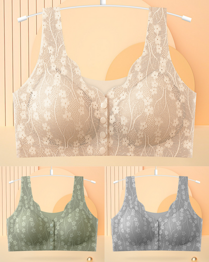 😍【3sztuk】【40-100KG】Damski, bezprzewodowy, koronkowy biustonosz zapinany z przodu
