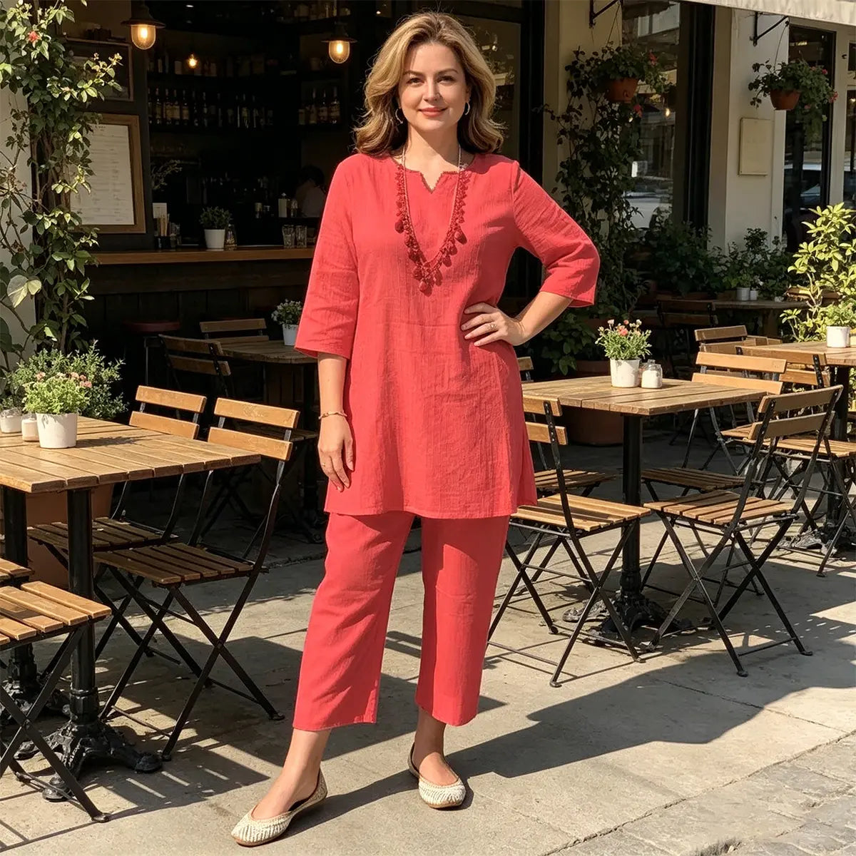 🌺🎉【40-100 kg】Nová letní móda: Jednobarevný, sofistikovaný dvoudílný cestovní outfit s dlouhým rukávem v etnickém stylu