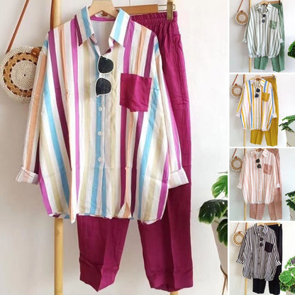 ✨🌺【S-5XL】Nová letní módní ležérní souprava (pruhovaná košile s potiskem + kalhoty)