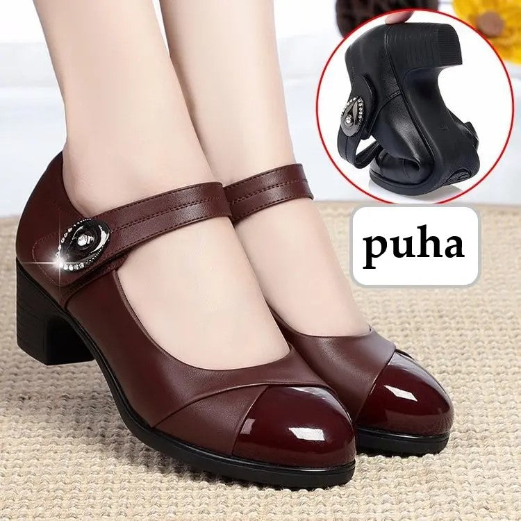 【35-42】Zapatos de cuero genuino con punta redonda y suela suave para mujer