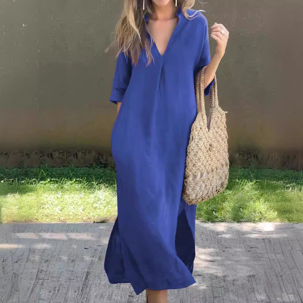 🌿💃 50% de descuento 🔥【40-100 kg】Vestido largo de lino para verano, escote en V, abertura lateral, cómodo ✅️Pago contra entrega