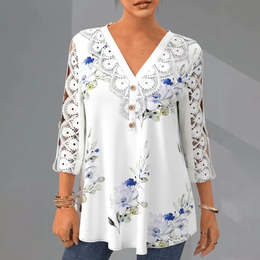 🔥【S–5XL】Elegantní blůza z krajky a šifonu – s výstřihem, 3/4 rukávy a výstřihem do V