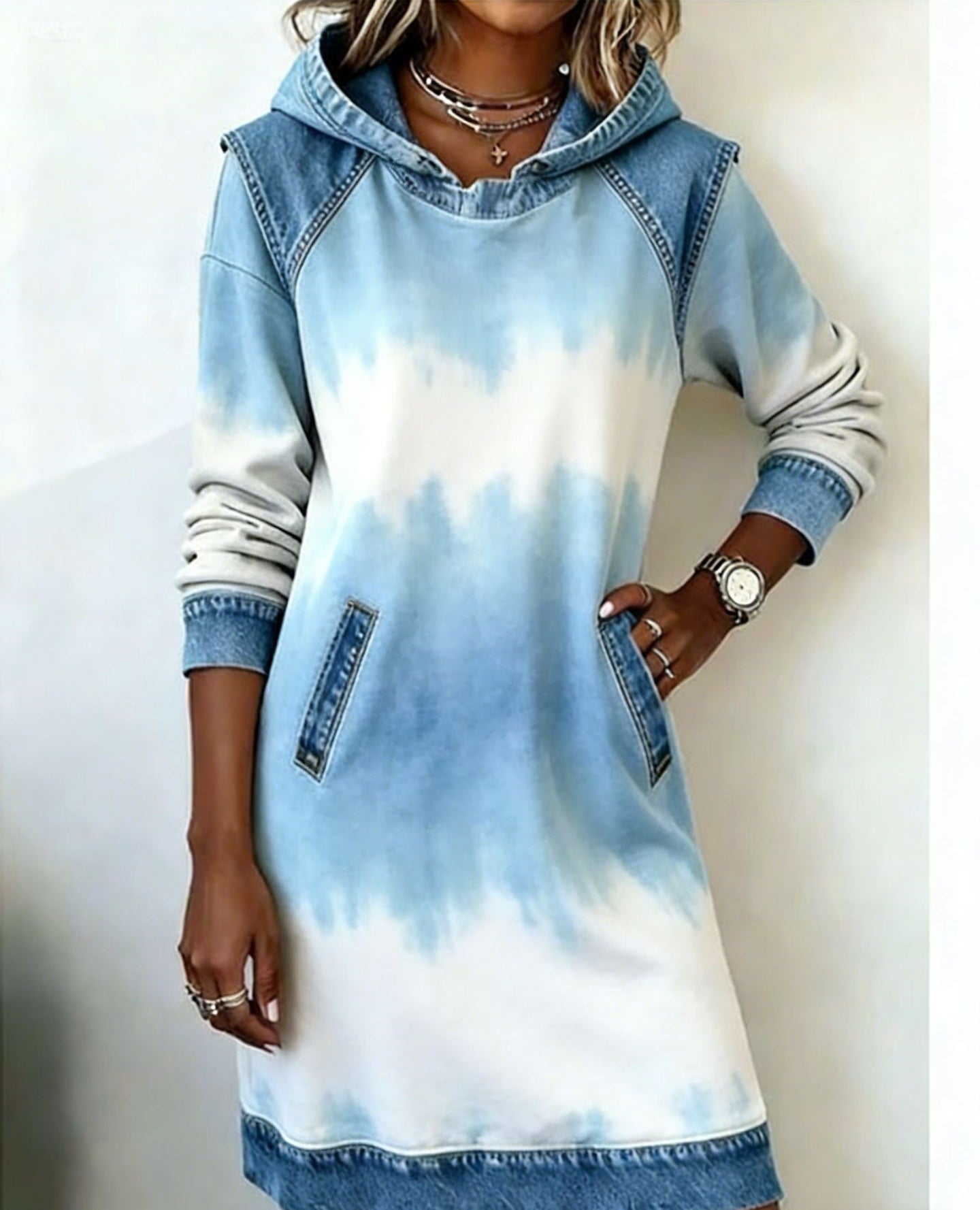 🌷🌞【XS-4XL】Nowa zimowa sukienka z kapturem w stylu denim patchwork 4213327