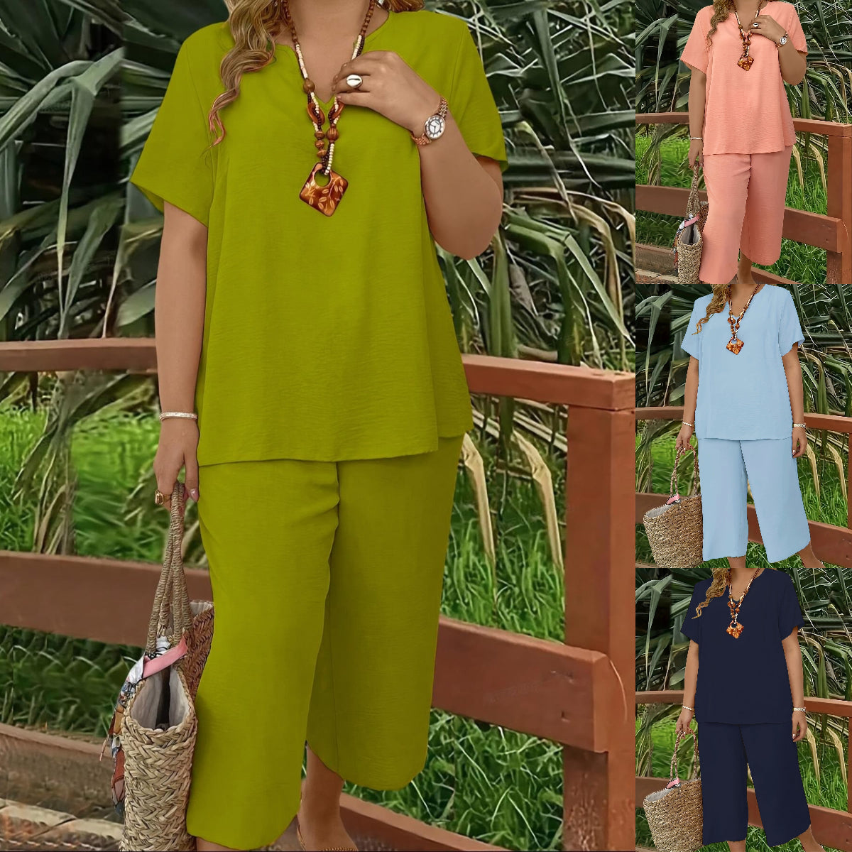 【X-5XL】💗Eleganten in eleganten, enobarven top s kratkimi rokavi in V-izrezom v kombinaciji s širokimi hlačami, plus size, dvodelni komplet.