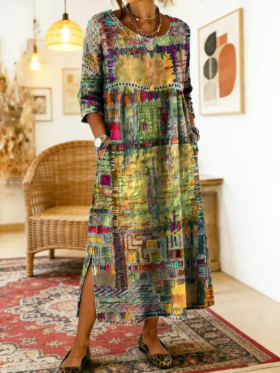 💟【S-5XL】Vestido de mujer de algodón puro, estampado étnico, patchwork, ribete de encaje