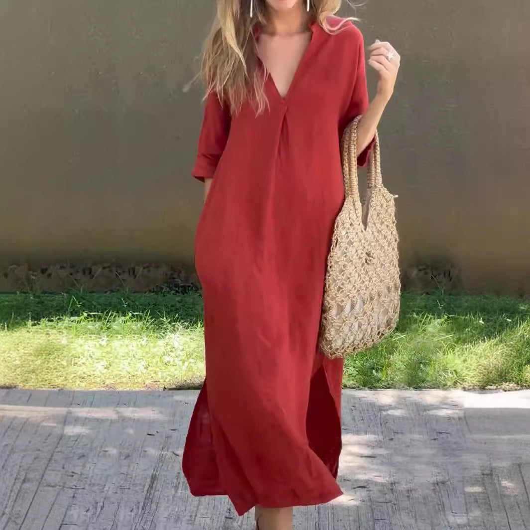 🌿💃【50 % sleva 🔥】【S–3XL】Dlouhé provazové šaty s výstřihem do V a rozparky, pohodlné a lehké na léto