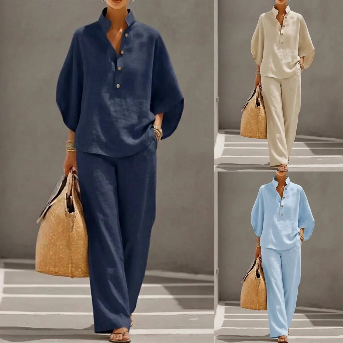 🌺✅ Letní novinka v akci【XS–5XL】Dámský volný set (top a široké kalhoty), svěží a prodyšný, módní a snadno kombinovatelný