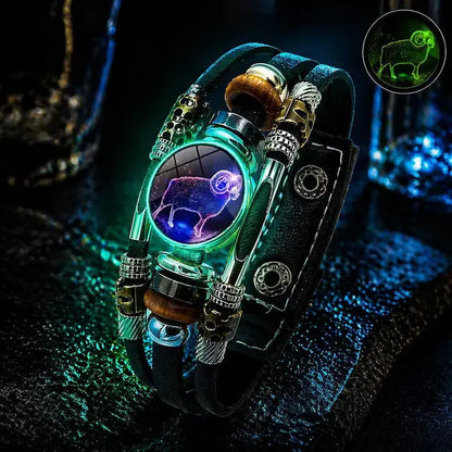 🌙 Pulsera de Cuero Zodiacal Luminiscente – Trenzado de 3 Capas, Longitud Ajustable, Unisex 💫✨