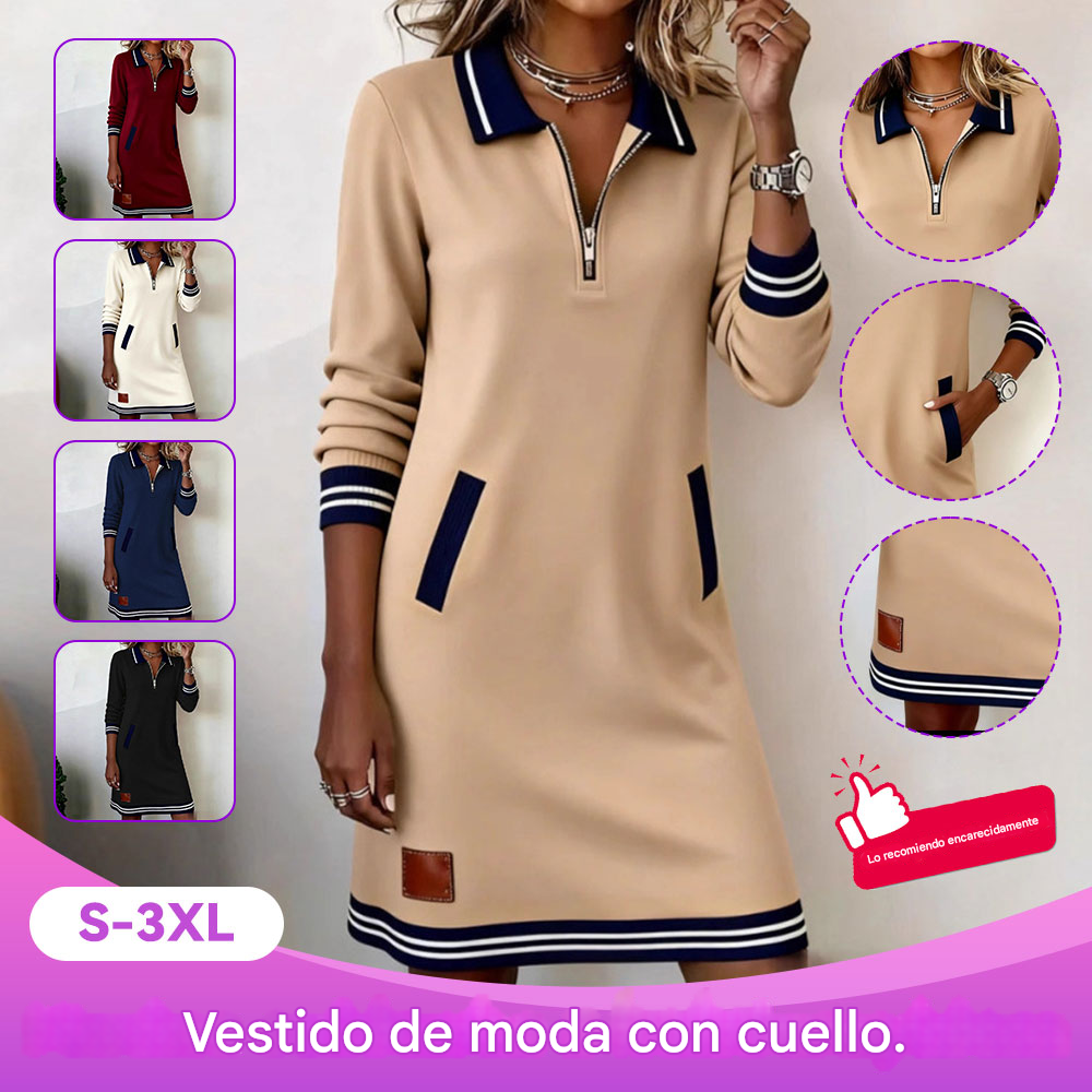 🔥🔥【40-100kg】Nuevo vestido casual de invierno con cremallera, cuello, manga larga y bolsillo en bloque de color 4205825