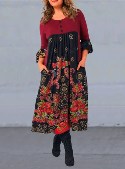 【S-5XL】👗2024 nova priložnostna obleka z dolgimi rokavi z retro tiskom za jesen in zimo