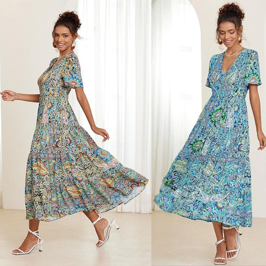 🌈【S-5XL】👗2025 Nova seksi obleka z V-izrezom v elegantnem potisku