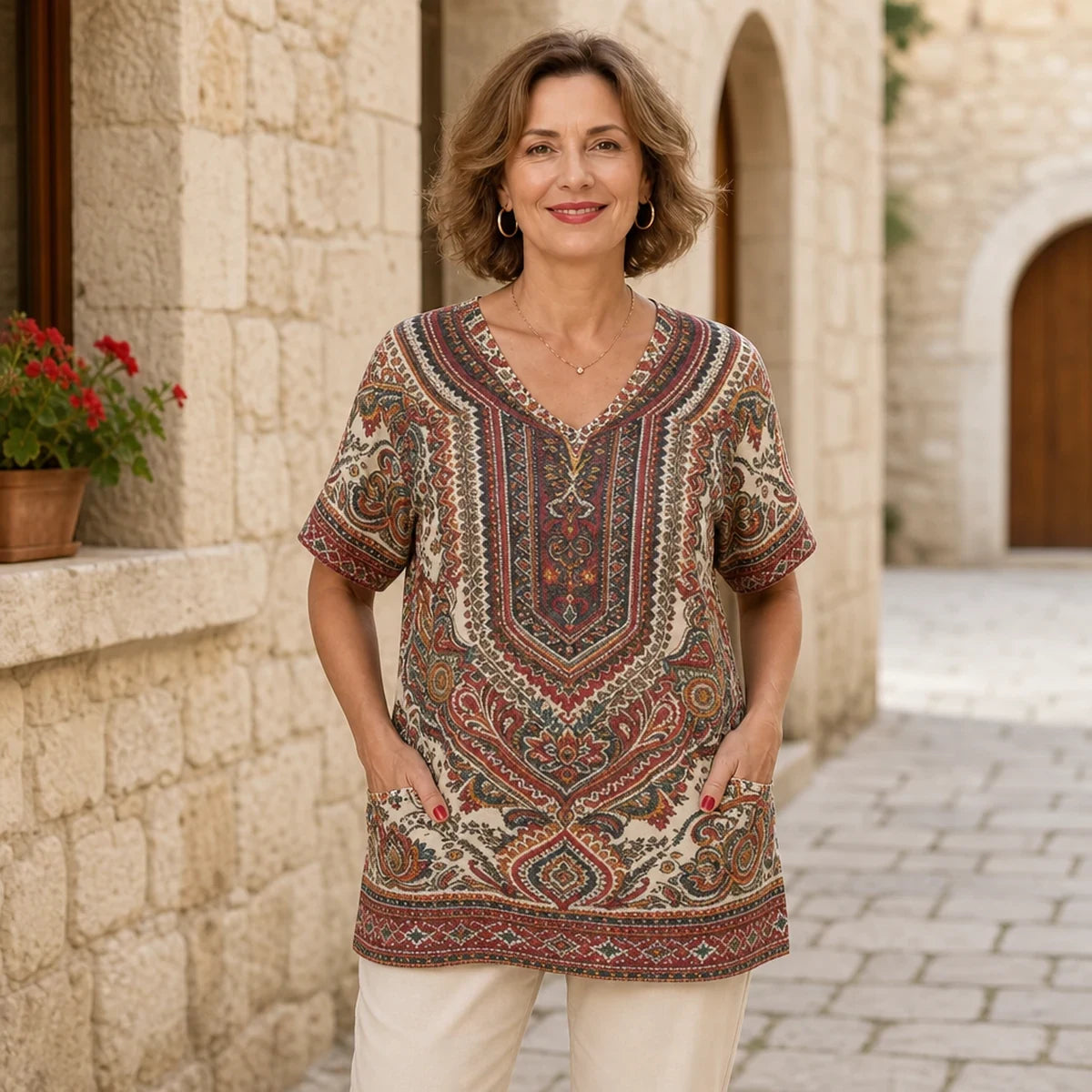 🌺✨S–5XL! 【Novinka léto 2026】Dámské tričko z čisté bavlny s výstřihem do V a 3D květinovým potiskem, volný střih s bočními kapsami, 7 barev