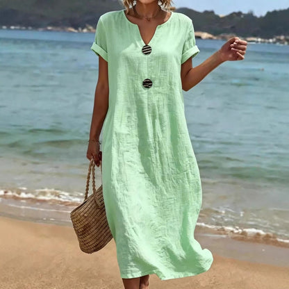 (Último día, 50% de descuento) Vestido holgado de algodón y lino, ligero y transpirable, elegante y cómodo.