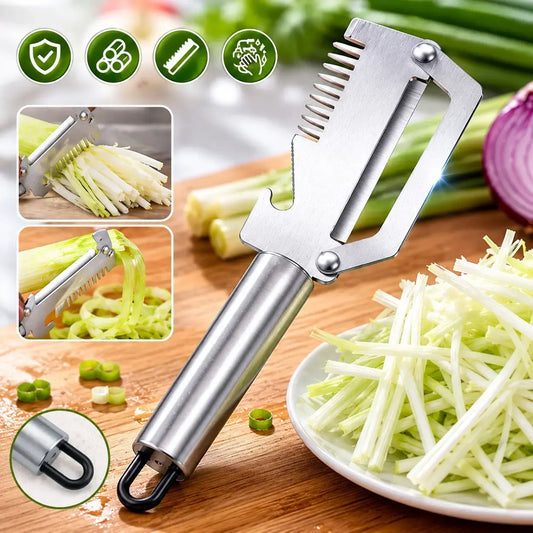 ✅【Kupte 1 a získejte 1 zdarma!】🧅🔪 Multifunkční kuchyňská škrabka 3 v 1: Loupá, krájí a otevírá víčka od lahví! 🔥